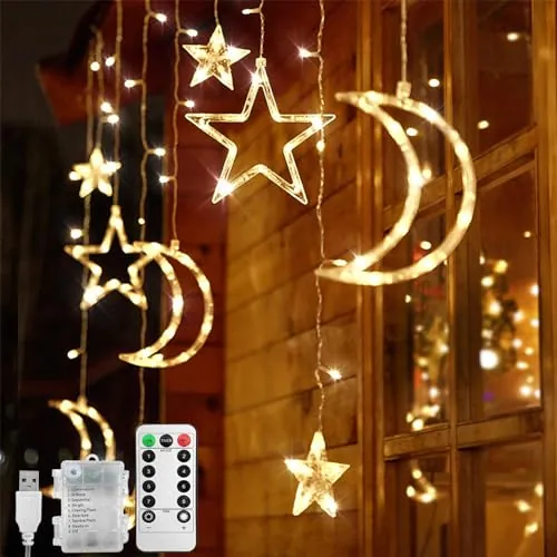Jsdoin Cadena de Luces LED 3,5 m Estrella Luna Luces de Cortina LED con 8 Modos Intermitentes Decoración para Navidad, Boda, Fiesta, Hogar, Terraza, Ramadán, Césped (B - Blanco Cálido)