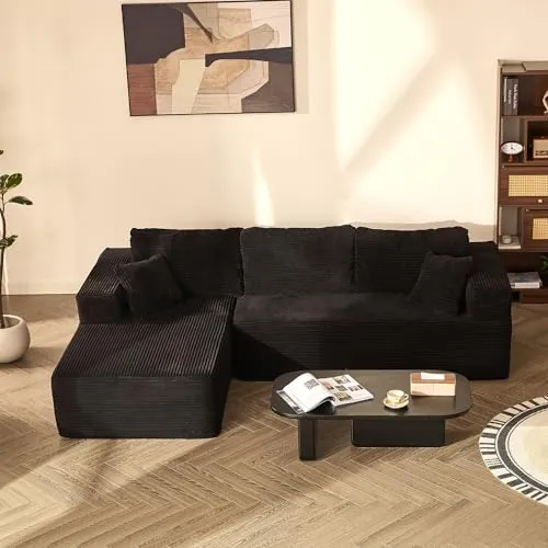 Litbird Sofá esquinero Modular en L con función Cama y Chaise Longue Derecha – Tapizado en Pana, Asiento Profundo – Sofá Cama para salón – Sin Montaje (Negro, Chaise Longue Izquierda (Frente))
