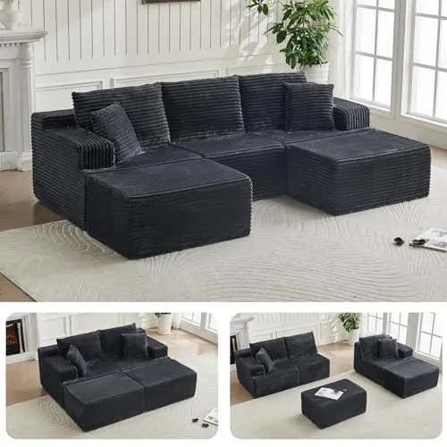 TEYVOKS Sofá Modular en U de 262cm, Sofá de Espuma sin Montaje, Gris
