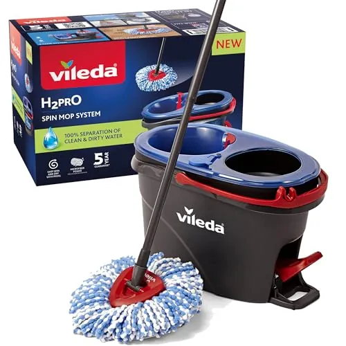 Vileda H2PrO Spin Mop, fregona giratoria con Cubo de Doble depósito, Pedal escurridor sin Manos, fregona de Microfibra, Palo telescópico
