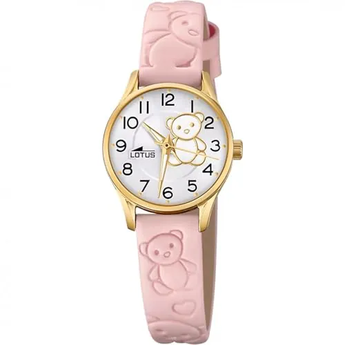 LOTUS Reloj Niña Analógico de Cuero Rosa - Movimiento de Cuarzo - Reloj Infantil - Cristal de Alta Resistencia - Clásico 18574/G - con Pulsera de Regalo - Junior Collection