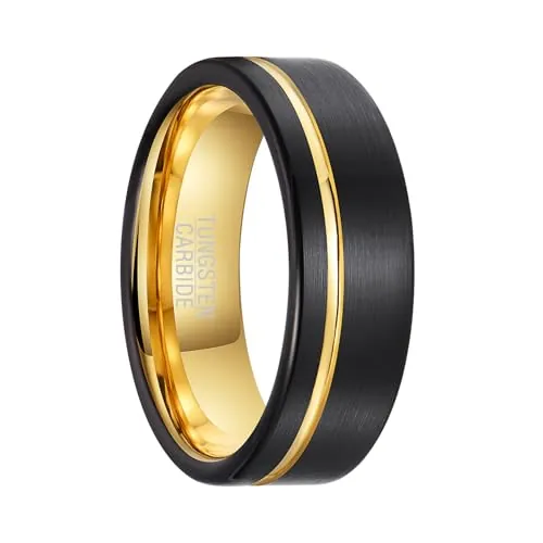 SOXEMAN 1 anillo de acero de tungsteno negro atmosférico para hombres y mujeres con superficie ancha de carburo de tungsteno dorado de 8 mm entre ranuras, anillo de boda simple y moderno