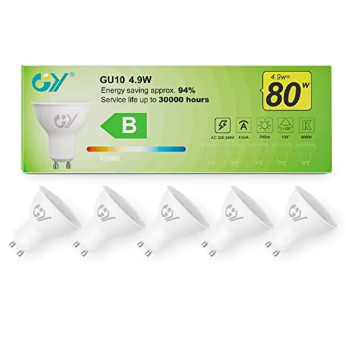 GY 4.9W Bombilla GU10 LED 4000K Blanco Neutro 790LM (Equivalente a 80W), No Regulable, 110 Grados Ángulo de haz - Bombilla Bajo Consumo Clase B, No Parpadean Bombillas LED GU10 Pack de 5