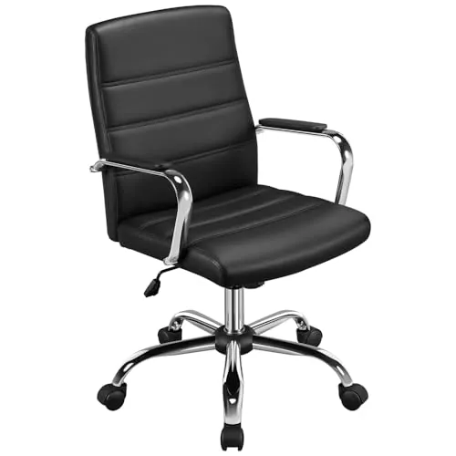 Yaheetech Silla Giratoria de Oficina Sillón de Trabajo con Respaldo Tapizado Asiento Sintético Altura Ajustable Negro