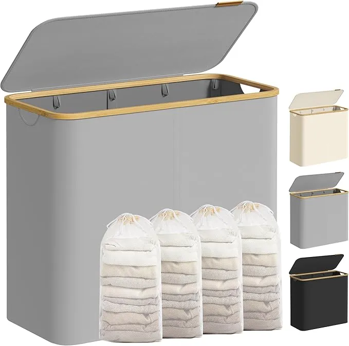 SONGMICS Cesto de Ropa Sucia con Tapa, Gran Cesta Colada de 4 Secciones, 200 L, Forro de Malla Extraíble, Tejido Oxford, Asas Bambú, Plegable, 78 x 38,5 x 70,5 cm, Gris Paloma LCB514GD01