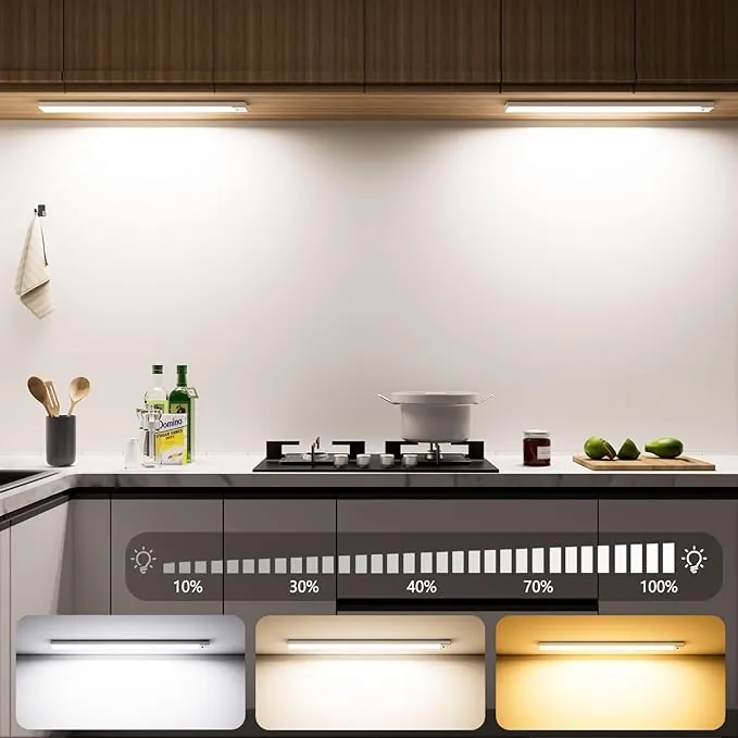 OUILA Luz LED Armario con Sensor de Movimiento, 43CM Regulable Luz LED Adhesiva con 3 Color Modos, 2500 mAh USB Recargable Luz Nocturna para Cocina, Armario, Escaleras, Pasillo, Garaje-2 Piezas