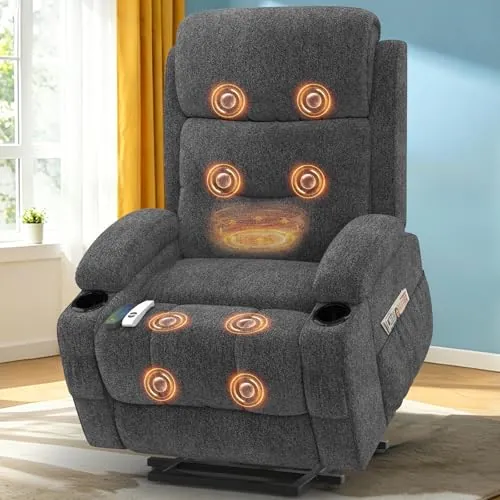 Srfzluxy Sillón reclinable con función masaje y calefacción, sillón elevable para ancianos con puertos Type-C y USB, 4 bolsillos laterales, 2 portabebidas, sillón reclinable Rise para salón