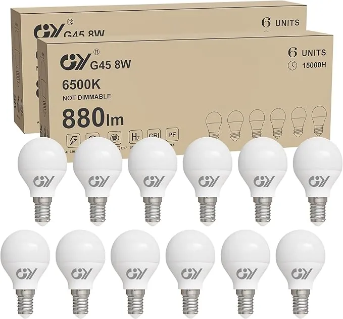 GY Bombilla LED E14 Luz Fría 6500K 8W 880LM, Bombillas Miniesfèrica G45 Rosca fina, sin Parpadeo, CRI＞80, Ahorro Energético, No Regulable, 12 Pieza