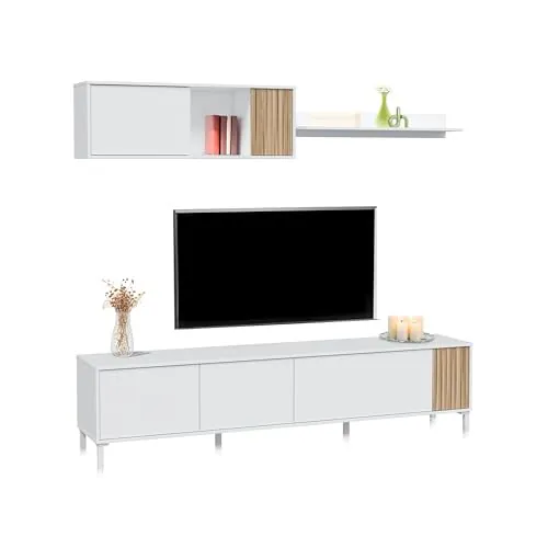 duehome | Conjunto de Salon, Mueble de TV, Modulos de Comedor, Modelo Nitza, Acabado en Blanco Artik y Natur, Medidas: 200 cm (Largo) x 40 cm (Fondo) x 47 cm (Alto)