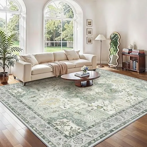 GENIMO Alfombra Salon Vintage Alfombras de Área Lavables en Máquina, Alfombras con Base Antideslizante, Alfombra de Dormitorio de Pelo Corto para Cocina, Comedor, Verde, 200X290CM