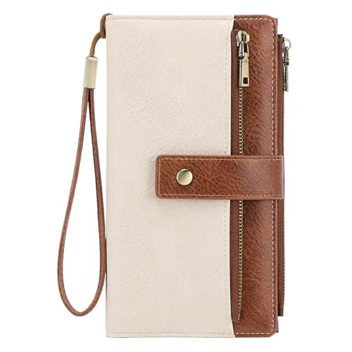 NEWIROVE Cartera Mujer Grande Monedero Piel PU Vintage Billetera con Cremallera Y Correa Extraíble RFID Carteras De Mujer con 24 Ranuras para Tarjetas Regalos para Mujer Señoras, Marrón & Blanco