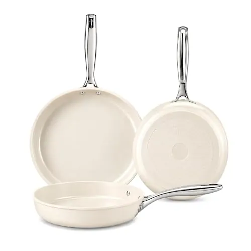 Sartén Antiadherente Induccion, Pequeña Sarten Recubrimiento Ceramica, Fondo de Aluminio Para un Calentamiento Uniforme, Con Mango de Acero inoxidable, Sin PFOA ni PTFE ni PFAS (Beige, 20/24/28cm)