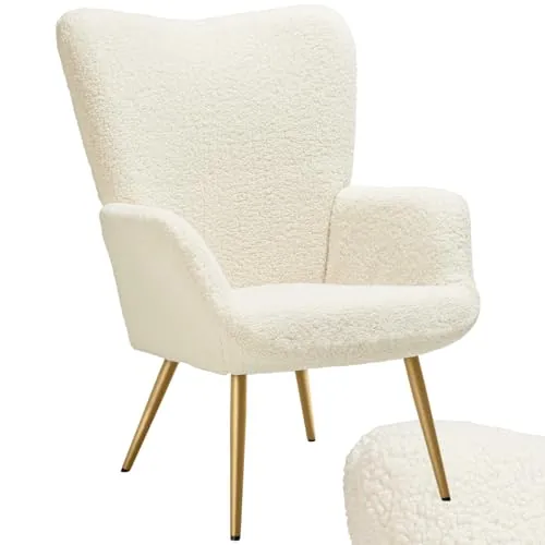 tectake® Sillón Orejero Estilo Escandinavo, Butaca de Salón con Tapizado en Tejido Bouclé, Sillón Lectura con Respaldo Ergonómico, Ideal Mueble de Salón, Topes en Patas, hasta 150kg - Crema/Dorado