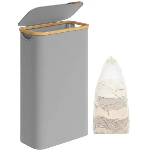 SONGMICS Cesto de Ropa Sucia con Tapa, Cesta Ropa Sucia Delgada, 65 L, Ahorra Espacio, Forro de Malla Extraíble, Tejido Oxford, Asas Bambú, Plegable, 42 x 22,5 x 70,5 cm, Gris Paloma LCB506G01