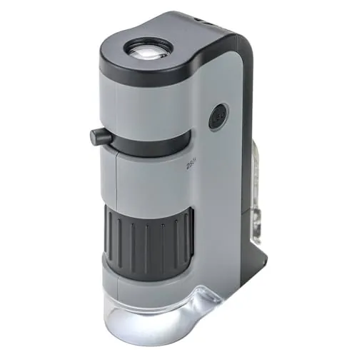 CARSON MicroFlip 100x-250x - Microscopio de Bolsillo con luz LED y UV, Base Deslizante abatible y Clip de digitalización para Smartphone (MP-250)