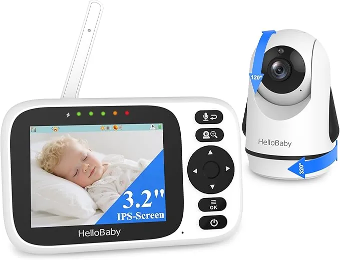 HelloBaby Camara Vigilancia Bebe,3.2''Vigilabebés con Cámara con Intercomunicador Bidireccional,Sin WiFi, Eco,Visión Nocturna Automática,Alarma de Temperatura,Detección de Llanto,Alcance de 300m
