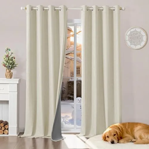 Runyéla 100% Cortinas Opacas Lino Termicas para Dormitorio y Salon 2 Piezas | 140x245cm, Beige Claro, Ojales, Aspecto Lino, Aislantes de Frío y Calor, Reducción Luz, Mayor Privacidad, Acústico Eficaz