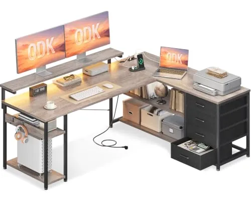ODK Escritorio Esquinero Gaming con LED y 4 Cajones, 155x110cm, Roble Gris | Mesa Gaming en L Reversible con Estanteria, 2 USB y 2 Enchufes, Soporte para Monitor, Gancho para Oficina en Casa, Jugadores