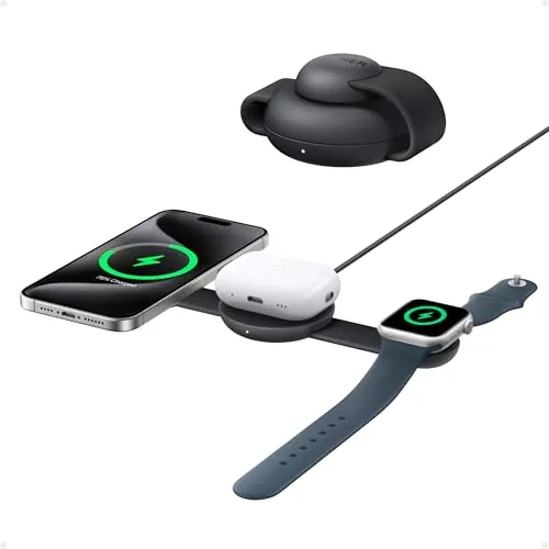 Anker MagGo Cargador Inalámbrico iPhone Estación de Carga Inalámbrica 3 en 1 Compatible con MagSafe Qi2 15W, Base de Carga Plegable de Viaje para iPhone 17/16/15/14 Series,AirPods,Apple Watch y Más