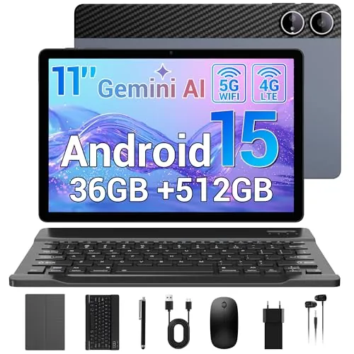 Tablet 11 Pulgadas Gemini AI, 36GB RAM + 512GB ROM/1TB TF, 4G LTE Dual SIM+5G WiFi, Widevine L1, 2GHz Octa-Core, 9580mAh/GPS/13MP/GMS/OTG, Android Tablet con Teclado+Lápiz+Funda+Ratón+Auriculares