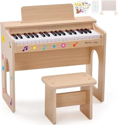 MUSTAR Piano Infantil de 37 Teclas, Piano de Madera para Niños, Roble | Piano Digital con Taburete, Libro de Canciones, Pegatinas y Funda Protectora