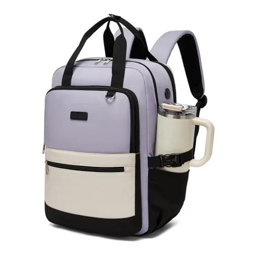 Kono Mochila para Portátil 15,6 Pulgadas Mujer, Gran Capacidad, Impermeable con Bolsillo para Botella, Ideal para Trabajo, Universidad, Viajes(Violeta/Beige)