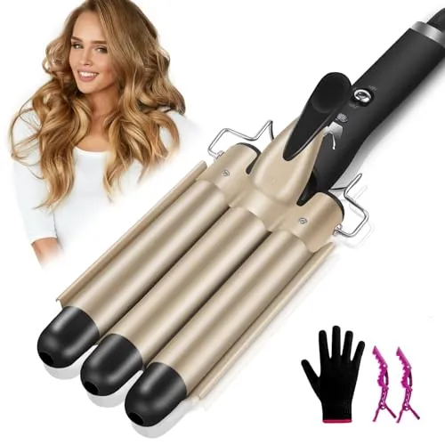 Plancha Ondas Sirena, 22 mm Ondulador de Pelo 3 Tubos Temperatura Ajustable