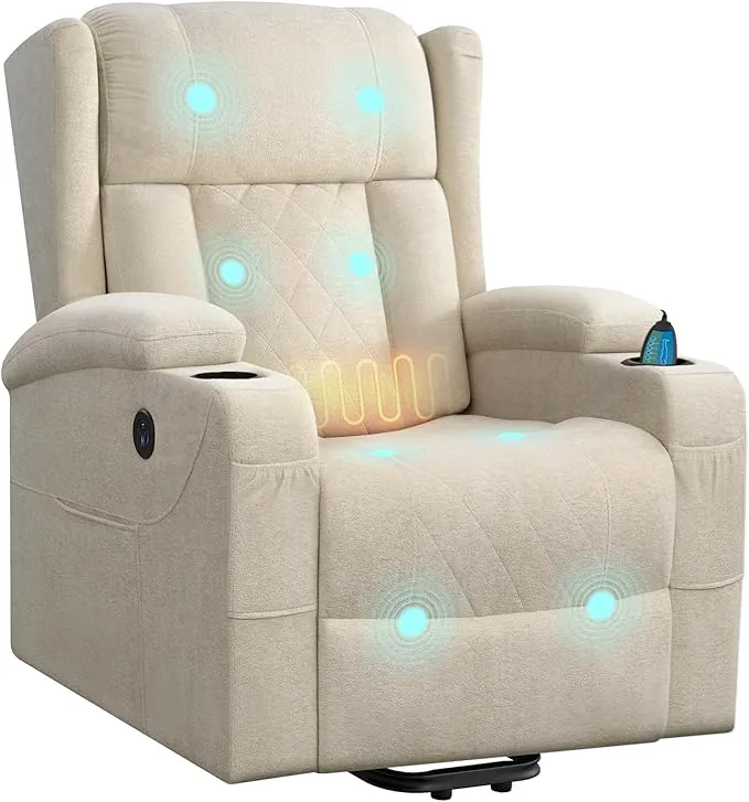 WOLTU Sillón Reclinable Eléctrico, Sillón Relax de Masaje con Ayuda para Levantarse, con Calefacción de Masaje, Reposapiés, Bolsillos, Portavasos, Puerto USB, Tela de Rizo, Beige, SKS61be