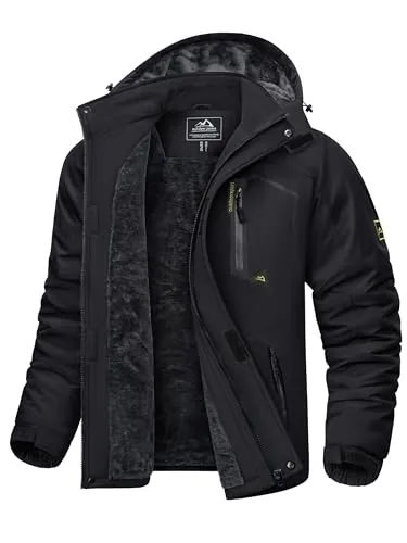 KEFITEVD Chaqueta Invierno Hombre Esquí Nieve Cálida Hombres Abrigo Capucha | Lluvia Lana, 1 Bolsillo Pecho Cremallera Impermeable, Polar, 4 Bolsillos, Corte Holgado, Repelente Al Agua, Esquí, Negro, XL