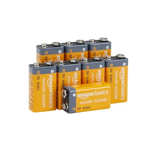 Amazon Basics - Paquete de 8 Pilas alcalinas de 9 V, 9 V/6LR61, Vida útil de 5 años, para Detector de Humo/monóxido de Carbono, electrónica y Audio