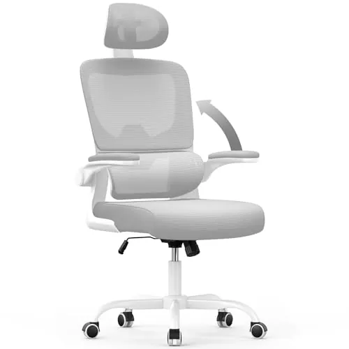 rattantree Silla Ergonómica de Escritorio de Oficina, Cadeira Escritorio con Reposacabezas Ajustable y Soporte Lumbar, Silla de Oficina Malla con Reposabrazos Abatibles, Silla de Policarbonato, Gris