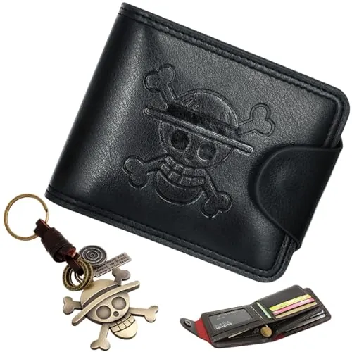Liekadijiae 2 Piezas Conjunto de Llaveros de Billetera Anime,Billetera de Cuero,Plegable PU Anime Dibujos Cartera,Llavero Colgante de animación para Fanáticos del animación Adolescentes Niños Hombres