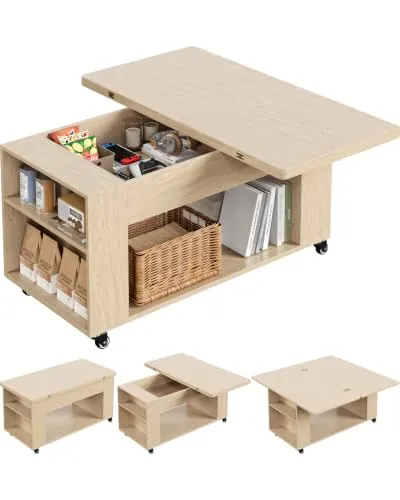 Yaheetech Mesa de Centro Giratoria y Extensible 95x95x48.5 cm, Roble