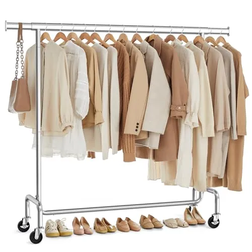 SONGMICS Burro Ropa con Ruedas, Perchero Burro Extensible con Carga Pesada, Capacidad de Carga de 130 kg, 45 x (110-150) x 162,9 cm, Fácil de Montar, Portátil, Plata HSR11S