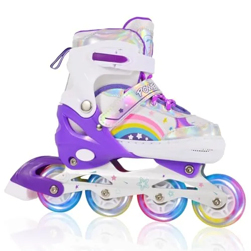 LOKJIJI Patines en línea Ajustables para niños niñas Principiantes, Patines de Ruedas para niños y jóvenes para Deportes Violeta Arco Iris (Mediano)