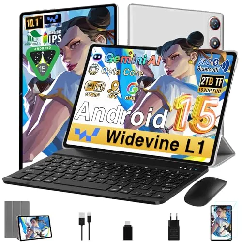 Gemini AI Tablet 10 Pulgadas Android 15, 64GB ROM + 2TB TF, , Octa-Core, 5G WiFi 6, Widevine L1, GMS, Bluetooth 5.0, 5MP+ 8MP, 3.5mm Audio, 1280 * 800 FHD IPS, 2026 Tablet con Teclado y Ratón,Plateado