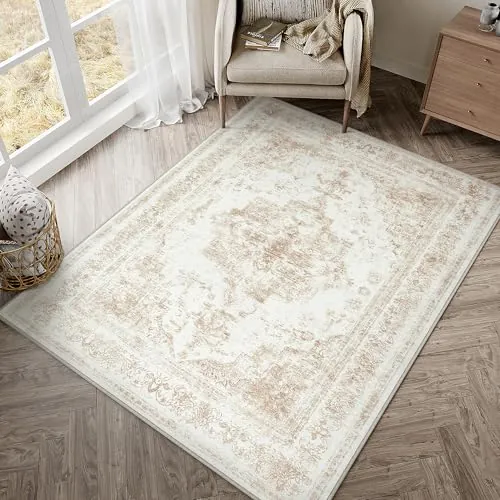 HUGEAR Alfombra Salon Crema Antideslizante Alfombras Lavables en Lavadora Tapetes para Sala 90x150cm Habitacion Dormitorio Comedor Flor Vintage Grande Tapete Pelo Corto tapete Quarto