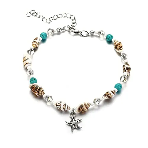 LEEQBCR 1Pcs Tobillera femenina, diseño de concha marina, cadena de plata para el pie, color turquesa