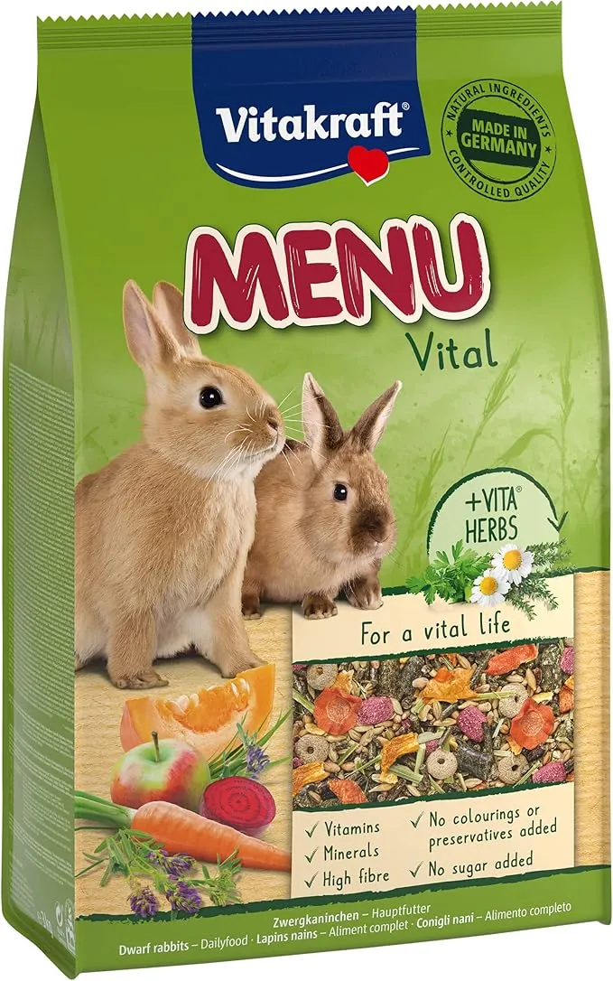 Vitakraft Menu Vital, Comida para Conejos Enanos, con Alfalfa, con Manzana, con Calabaza, enriquecida con Hierbas, sin azúcar añadido ni Cereales (1x 3kg)