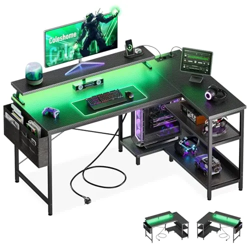 Coleshome Escritorio Gaming con LED, 120x80cm, Fibra Carbono Negro