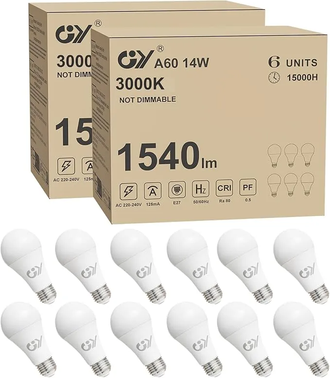 GY Bombilla E27 LED Blanco Cálido 14W 3000K 1540 Lumen, A60 de Bajo Consumo, 14W equivalentes a 100W, No Regulable 12 Unidad