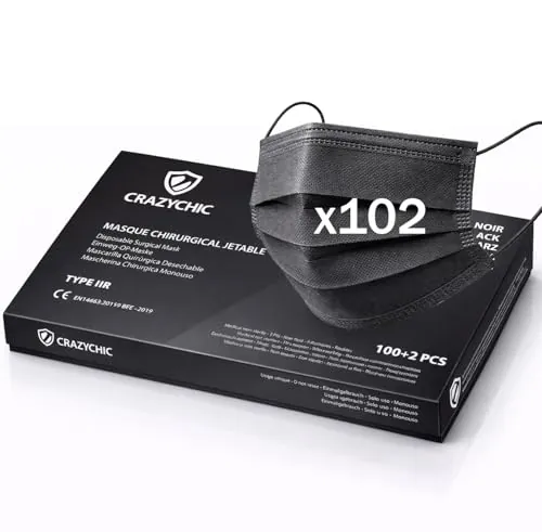 CRAZYCHIC - x102 Mascarilla Quirúrgica Tipo IIR Negro - Certificada CE EN14683 - Mascarilla Médica Desechable 3 Capas Alta Filtración BFE>99% - Hipoalergénico - Paquete 102 unidades