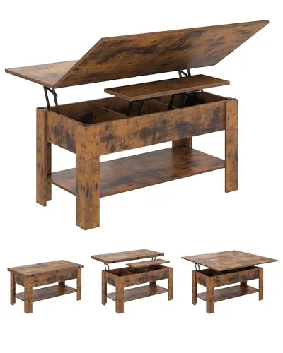 KIMENICH Mesa de Centro Regulable en Altura, Almacenamiento Oculto, 3 en 1, Multifunción, Mesa de Salón, Mesa de Café, Compartimento Abierto, Mesa de Comedor, para Salón, Oficina, Marrón