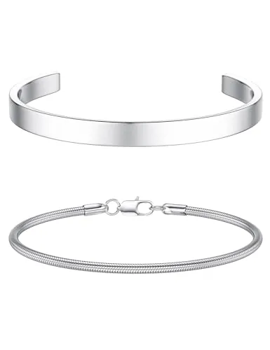 CASSIECA 2Pcs Pulsera Hombre Pulseras para Hombres Acero Inoxidable Apilable Pulseras Plata para Hombres Niños Brazalete Serpiente Pulseras 19CM Regalos para Papá Esposo Hijo