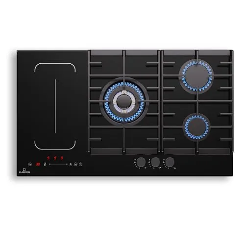 Klarstein MultiChef 5 Placa Mixta Gas Inducción - 5 Zonas (3 Gas, 2 Inducción), Flexzone, Control Deslizante, Stop&Go, Temporizador, 10.6Kw, Negro