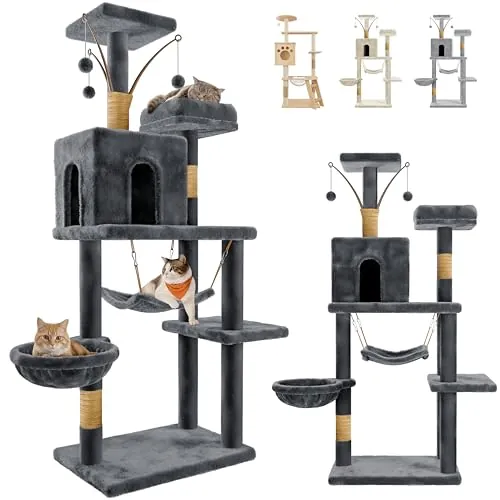 JUPPLIES Árbol Rascador para Gatos 143 cm – Torre de Juegos y Descanso con 5 Plataformas, 3 Nidos, 1 Cueva y Hamaca – Poste de Sisal y Base Estable 60×40 cm – Ideal para Hogares (Gris Oscuro)