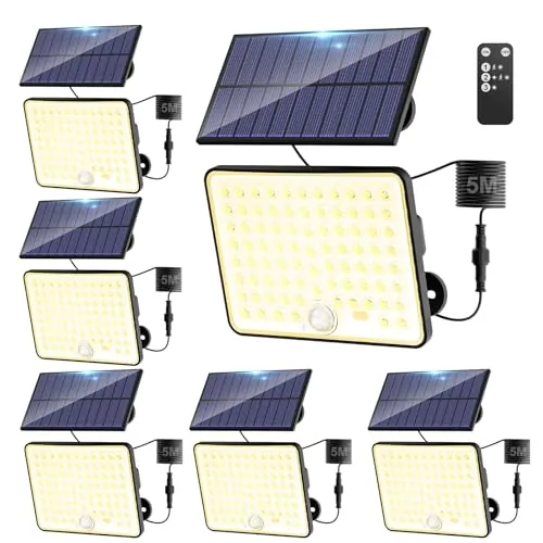 kolpop 6 Paquete Focos LED Exterior Solares,Focos LED Solares Sensor de Movimiento con Mando a Distancia,IP65 Impermeable Luz Solar,3 Modos Luz Solar Exterior Potente para Jardín,Patio,Garajes