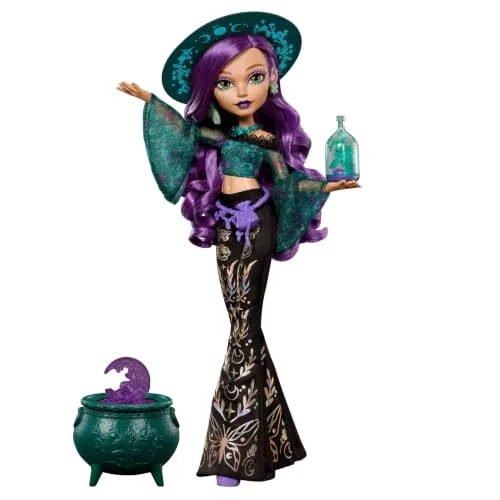 Monster High Muñeca, Moonspell Magic de Monster High Willow Thorne | Bruja natural con top verde y pantalón estampado, incluye caldero sorpresa, frasco, sombrero y libro de hechizos, JMB92
