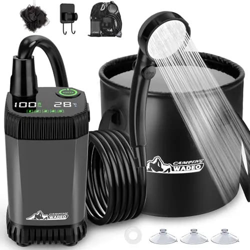WADEO Ducha portátil para acampar, bomba de ducha recargable para acampar con depósito plegable de 20 litros, kit de bomba para acampar al aire libre para senderismo, viajes, lavado de coches