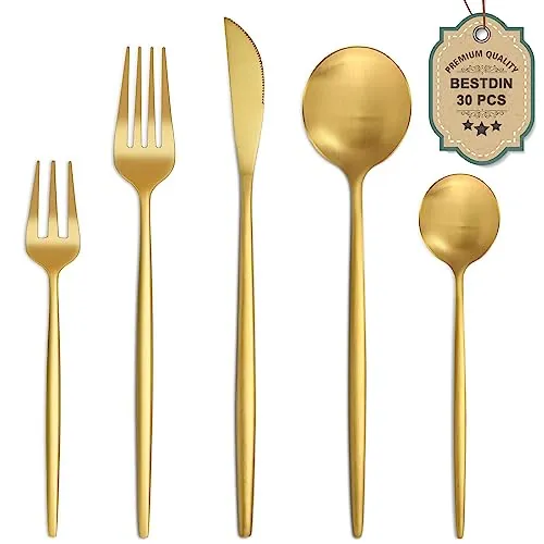 Bestdin Juego de cubiertos para 6 personas, 30 piezas de acero inoxidable oro mate
